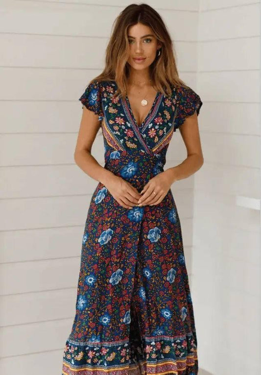 Deslumbra | Elegante vestido cruzado con estampado floral para mujer