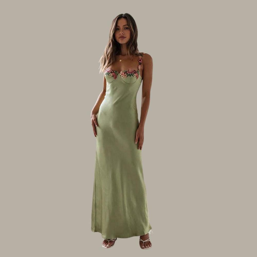 Out-Shine | Embroidered Satin Maxi Dress With Flowers For Women