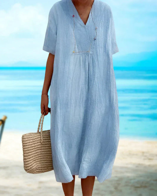 Out-Shine | Solid Color Half Sleeve V-Neck Dress For Women