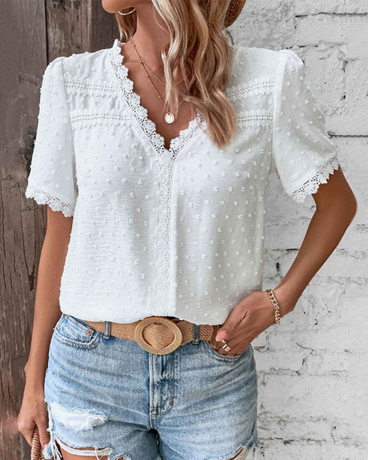 Out-Shine | Flattering V-Neck Short Sleeve Lace Blouse
