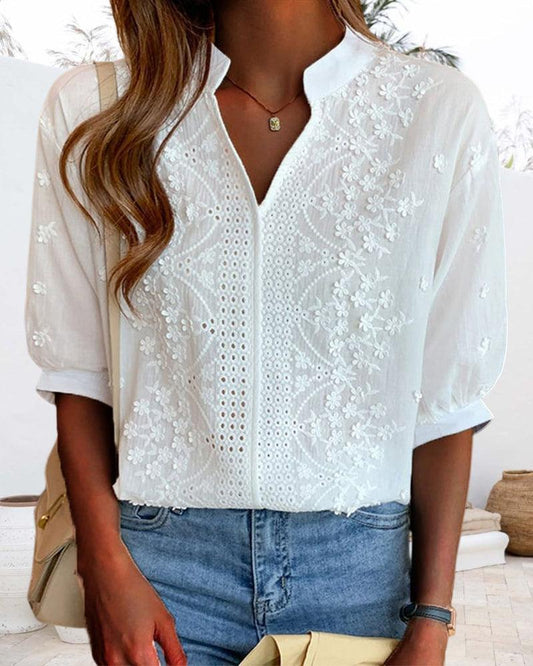 Out-Shine | V-Neck Stand-Up Collar Embroidered Blouse