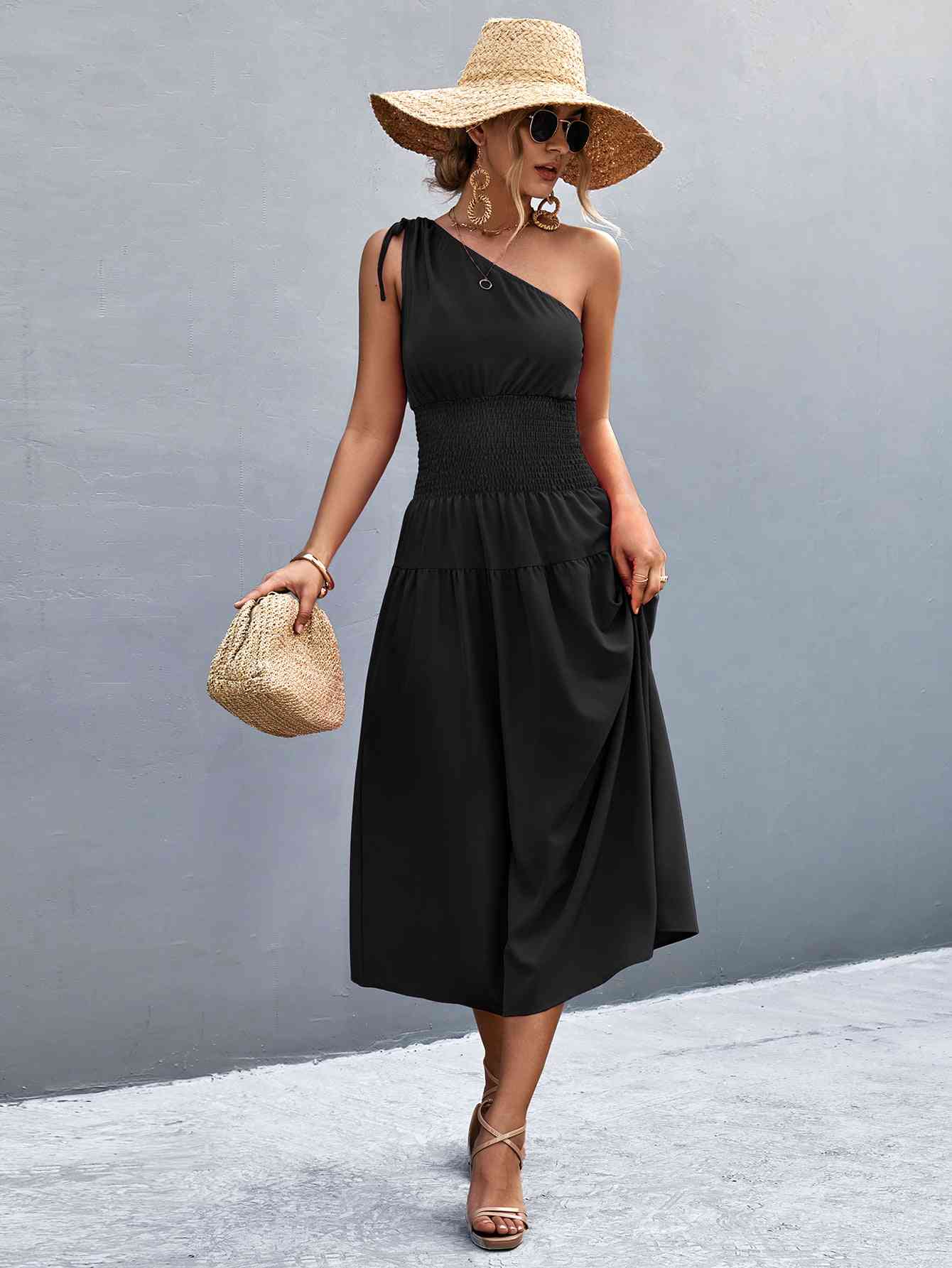 Out-Shine | Asymmetrical One Shoulder Smocked Waist Midi Dress