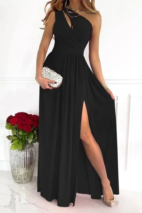 Out-Shine | Black Evening Dress With One Shoulder Wear Of Novella