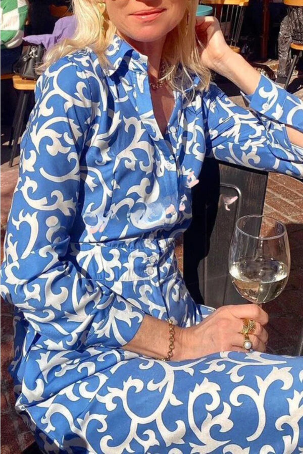 Out-Shine | Print Lapel Button Pocket Long Sleeve Shirt Maxi Dress
