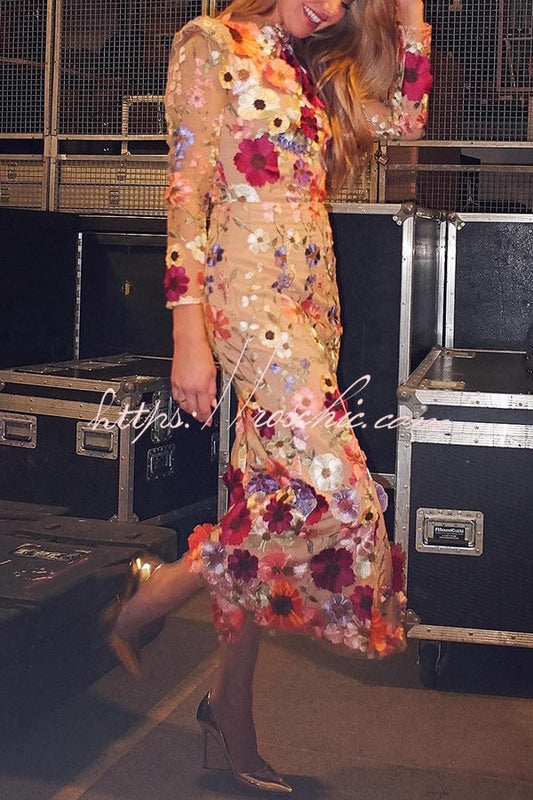 Out-Shine | Refined Charm Embroidered Floral Applique Long Sleeve Fish Tail Midi Dress