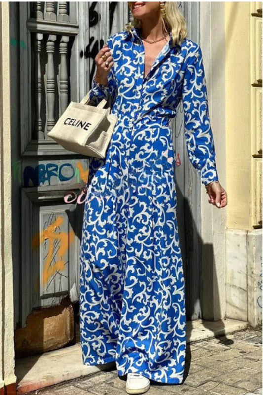 Out-Shine | Print Lapel Button Pocket Long Sleeve Shirt Maxi Dress