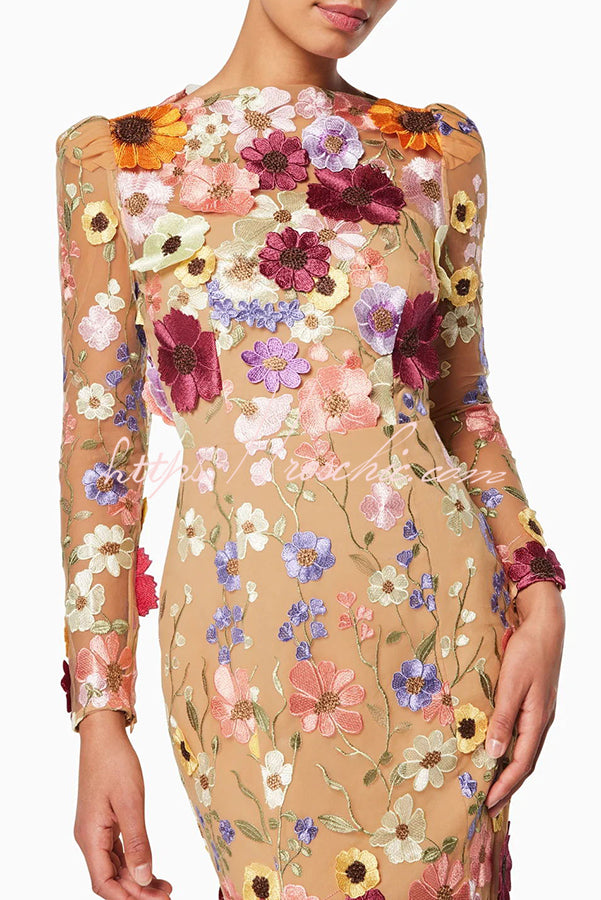 Out-Shine | Refined Charm Embroidered Floral Applique Long Sleeve Fish Tail Midi Dress