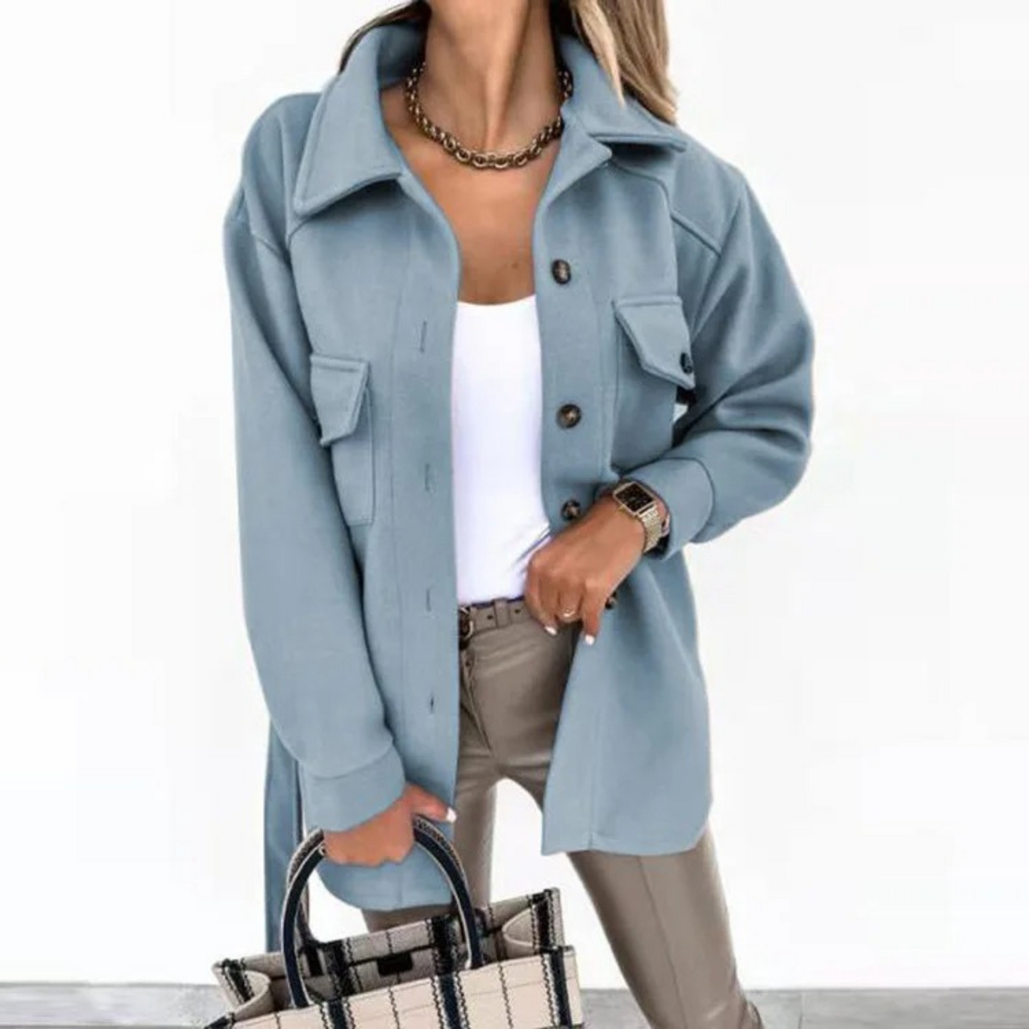 Out-Shine | Long Blue Summer Fleece Jacket with Detachable Hood and Snap