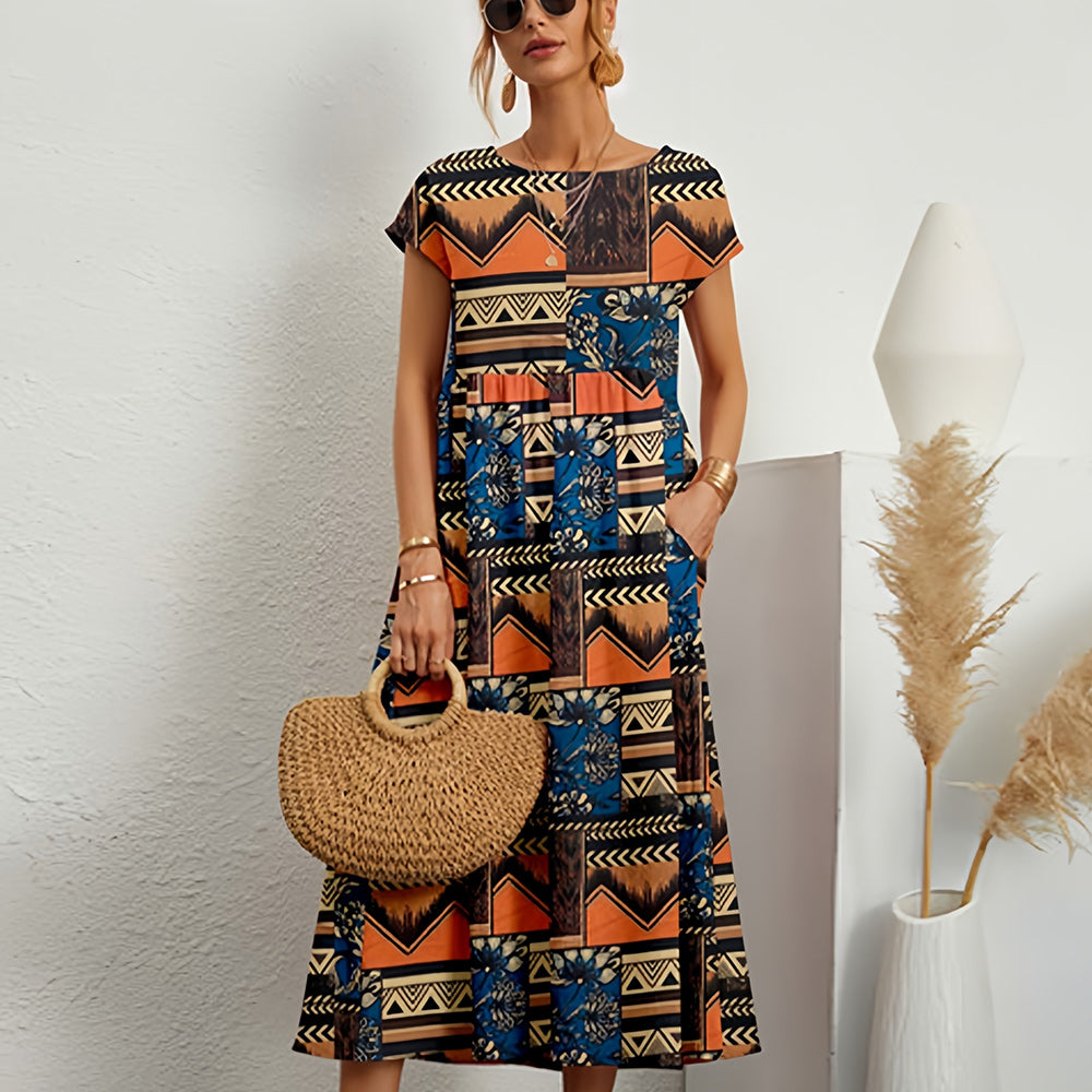 Out-Shine | Short-sleeved, Loose Cotton Linen Midik Dress with Round Neckline