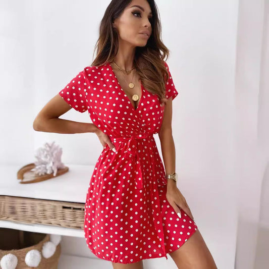 Out-Shine | Short sleeve V-neck rubber band binding dress