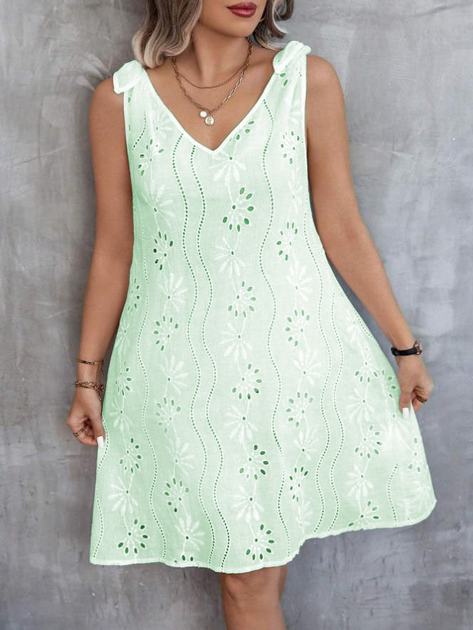 Out-Shine | Embroidered Hollow Lace Sleeveless V Neck Dress