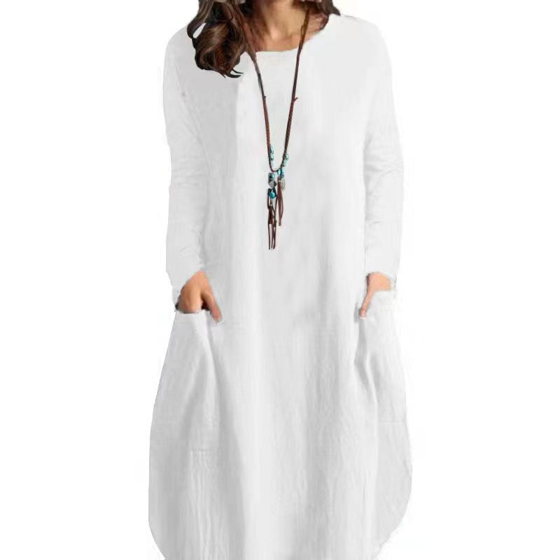 Out-Shine | Relaxed cotton linen Single color bag long sleeve dress