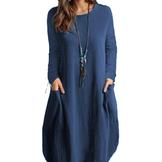 Out-Shine | Relaxed cotton linen Single color bag long sleeve dress