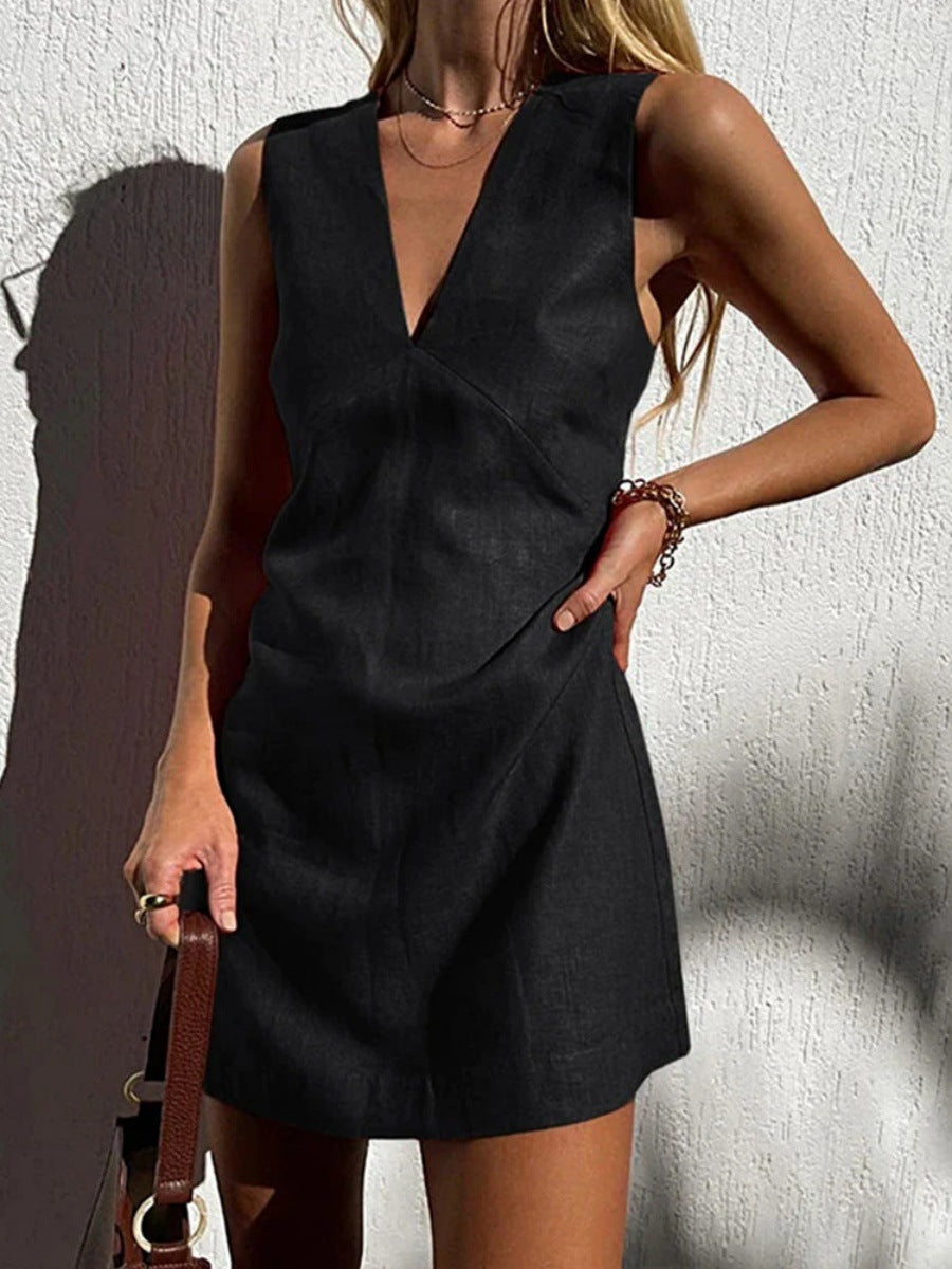 Out-Shine | Cotton linen V neck sleeveless Slim Fit tank dress