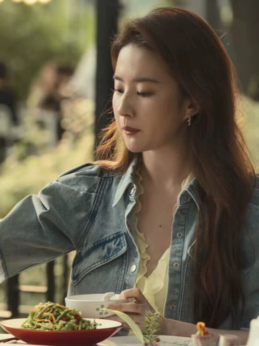 Out-Shine | Blue Denim French-Style Crop Top With Puff Sleeves