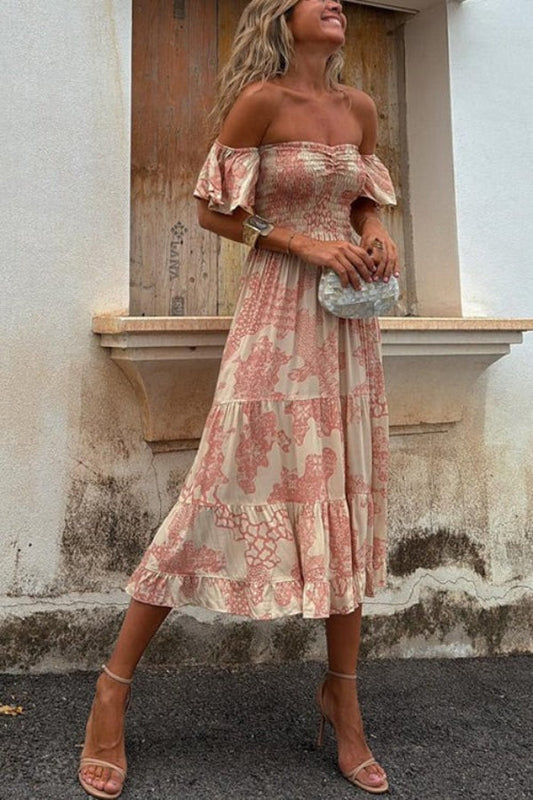 Out-Shine | Unique Print Off Shoulder Smocked Ruffle Sleeve Layered Midi Dress