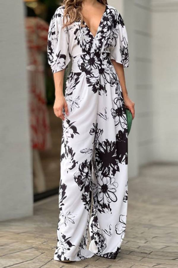 Out-Shine | Sleeved Floral Print Stretch High Rise Maxi Jumpsuit