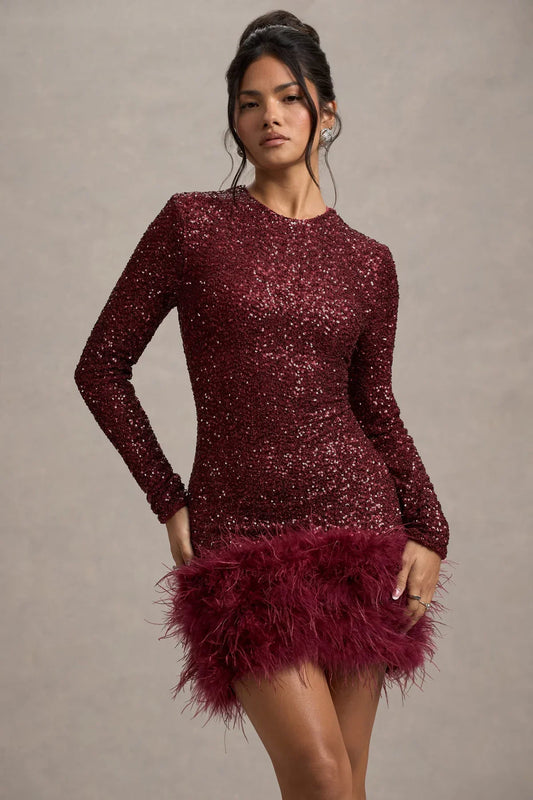 Out-Shine | Berry Sequin Feather Hem Mini Dress