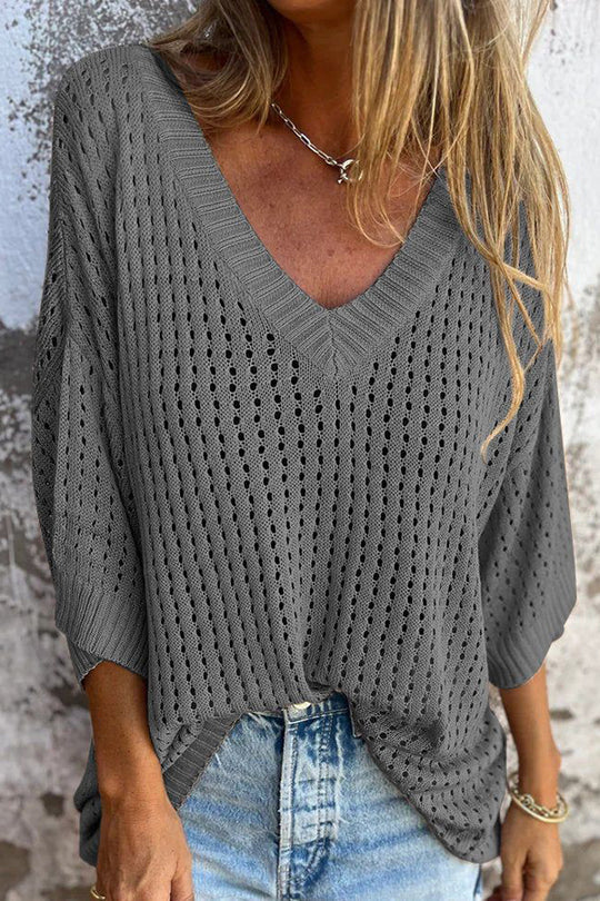 Out-Shine | Hollow V-Neck Long-Sleeved Casual Loose Knitted Top