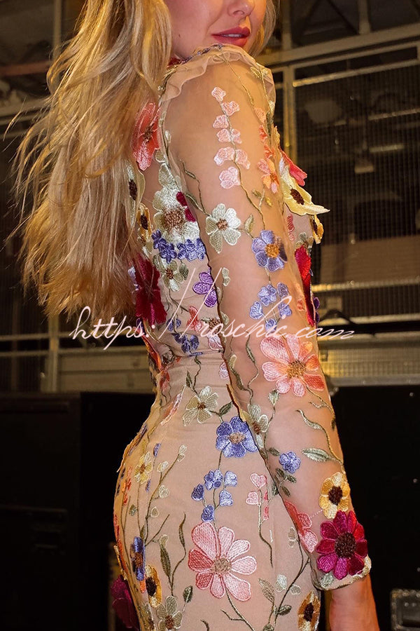 Out-Shine | Refined Charm Embroidered Floral Applique Long Sleeve Fish Tail Midi Dress