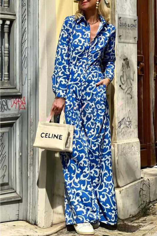 Out-Shine | Print Lapel Button Pocket Long Sleeve Shirt Maxi Dress