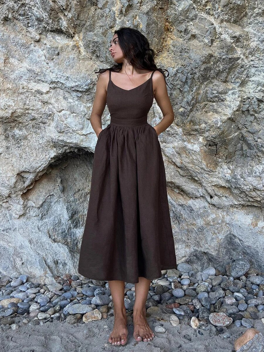 Out-Shine | Women's Linen Maxi Dress Backless