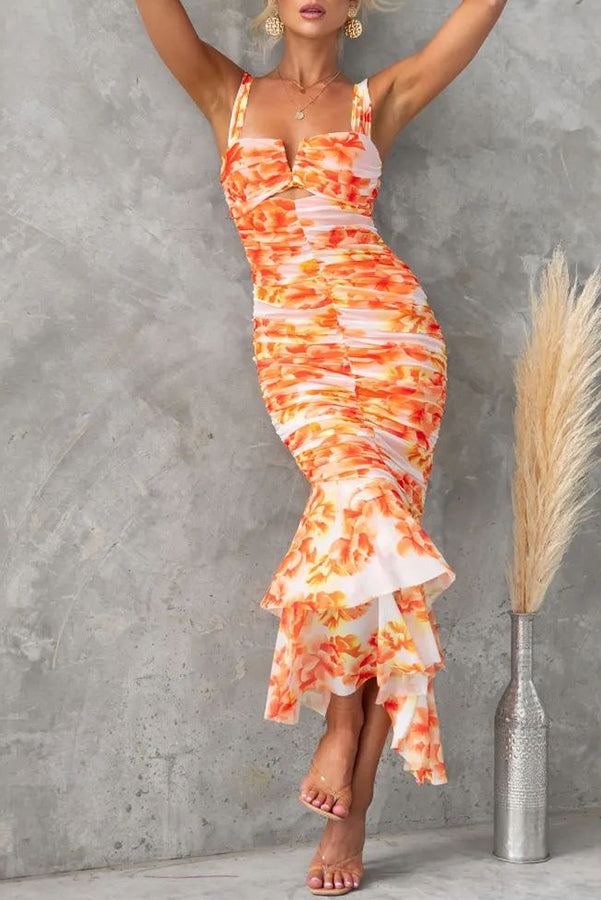 Out-Shine | Perfection Floral Ruched Mesh Overlay Ruffle Hem Maxi Dress