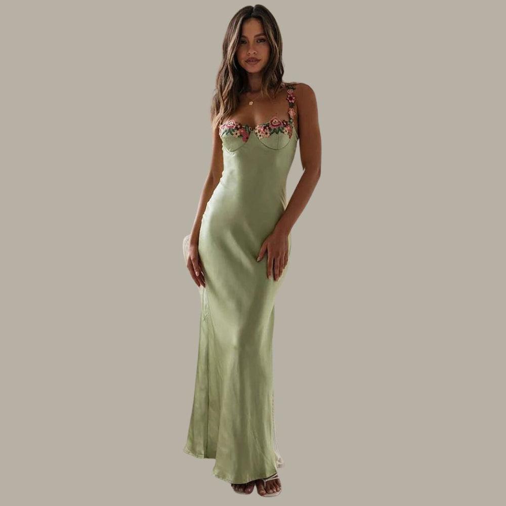 Out-Shine | Embroidered Satin Maxi Dress With Flowers For Women