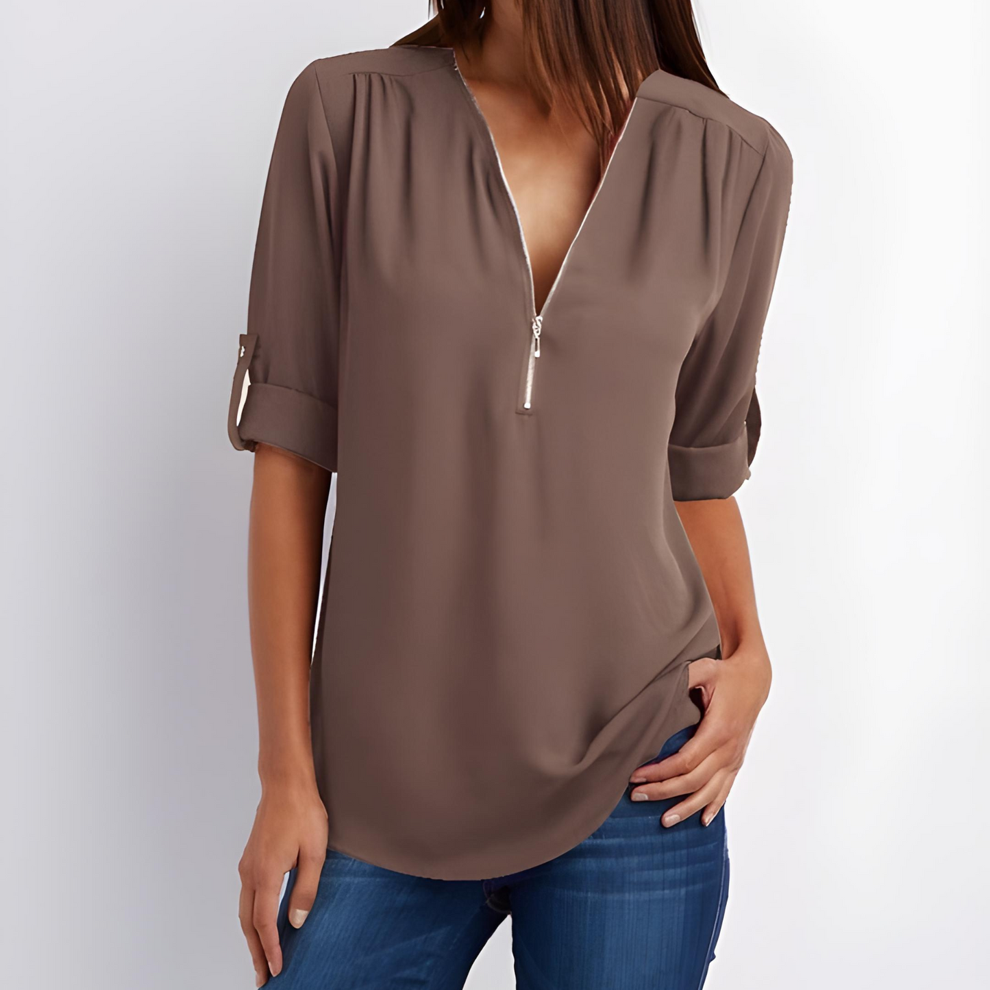 Out-Shine | Stylish V-Neck Zipper Blouse