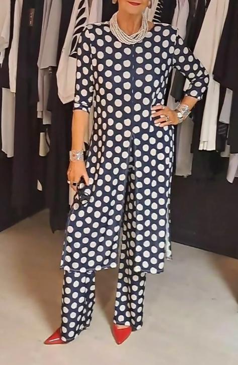Out-Shine | Women's Round Neck Long Sleeve Polka Dot Print Suit