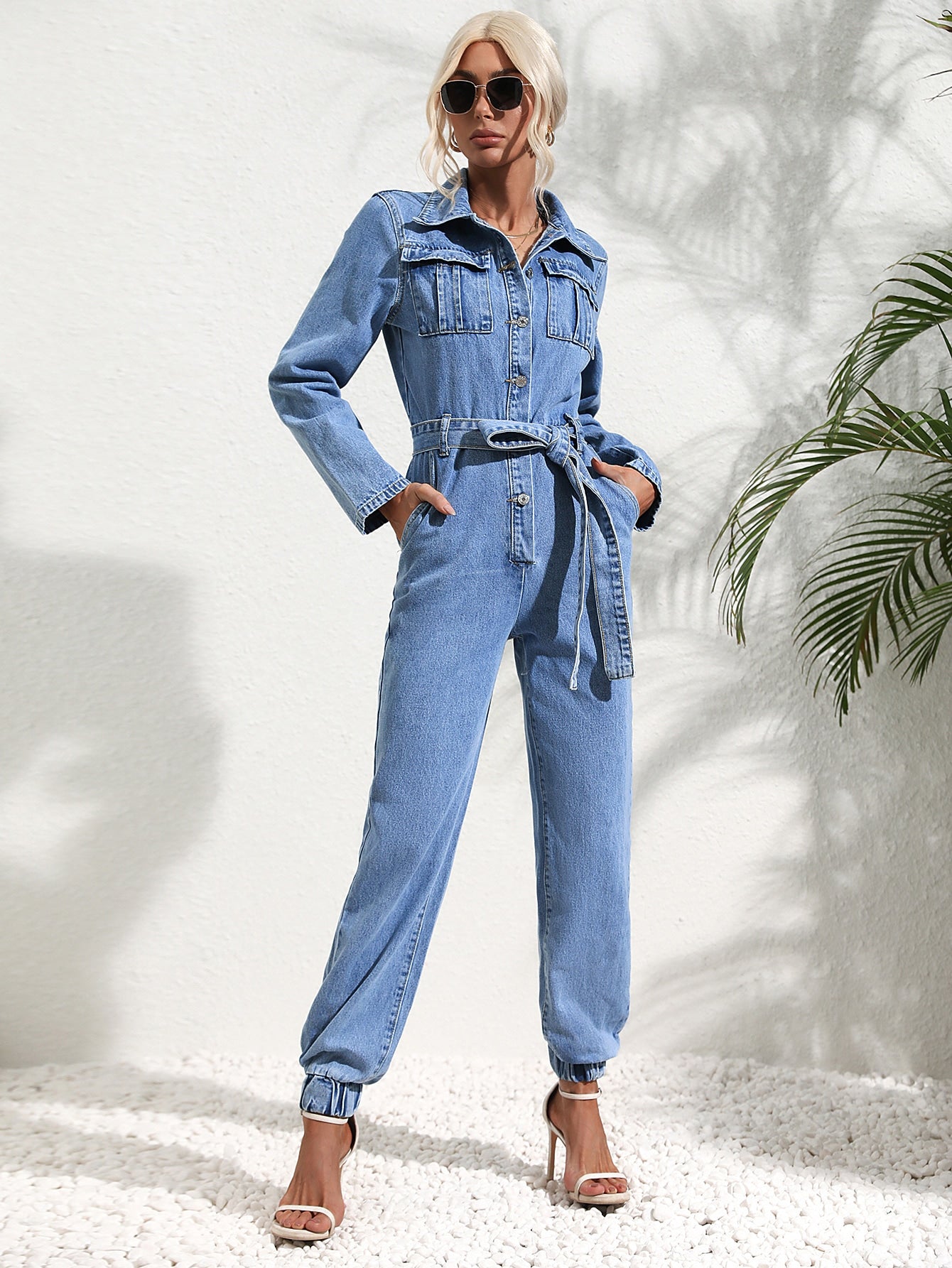 Out-Shine | Jumpsuit with Patch Pocket and Denim Belt
