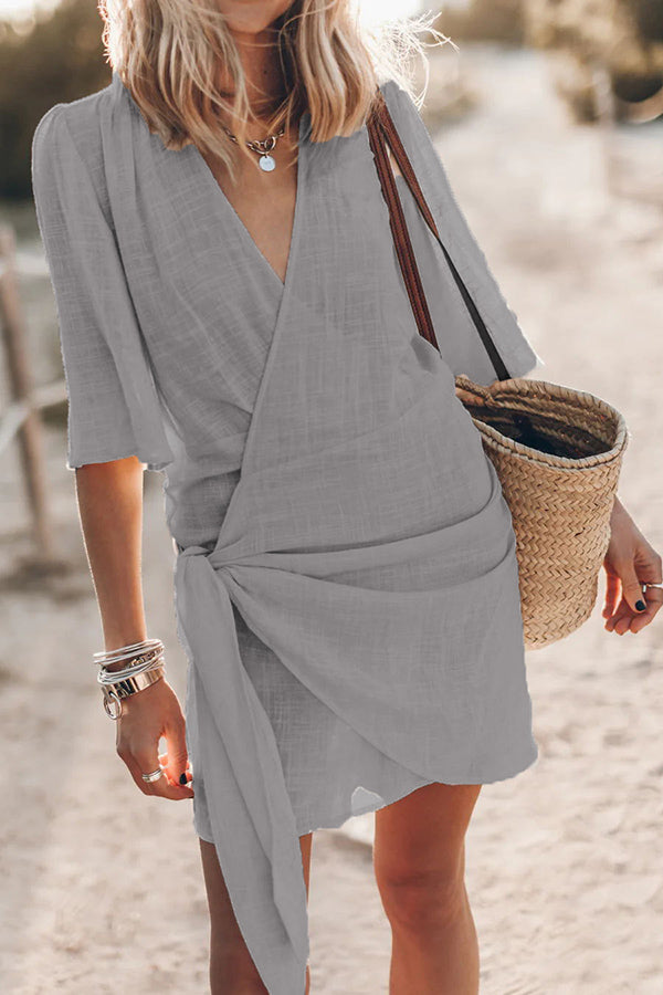 Out-Shine | Stylish Cotton Linen Wrap Mini Dress For Women