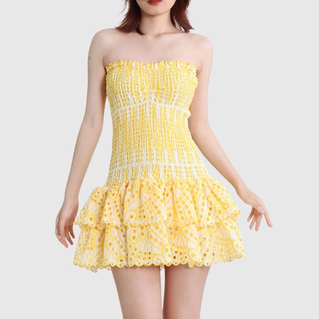 Out-Shine | Gathered Bandeau Mini Dress With Blue Paisley Pattern