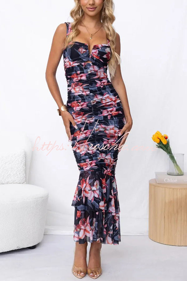 Out-Shine | Perfection Floral Ruched Mesh Overlay Ruffle Hem Maxi Dress