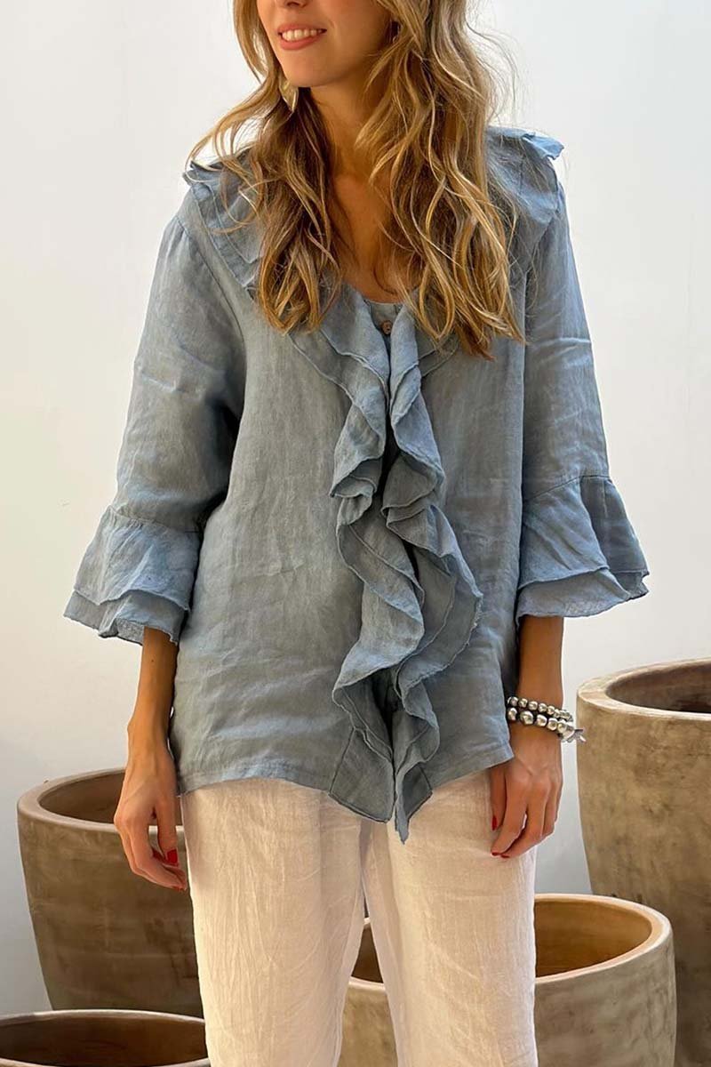 Out-Shine | Casual Ruffle Collar Cotton and Linen Tops