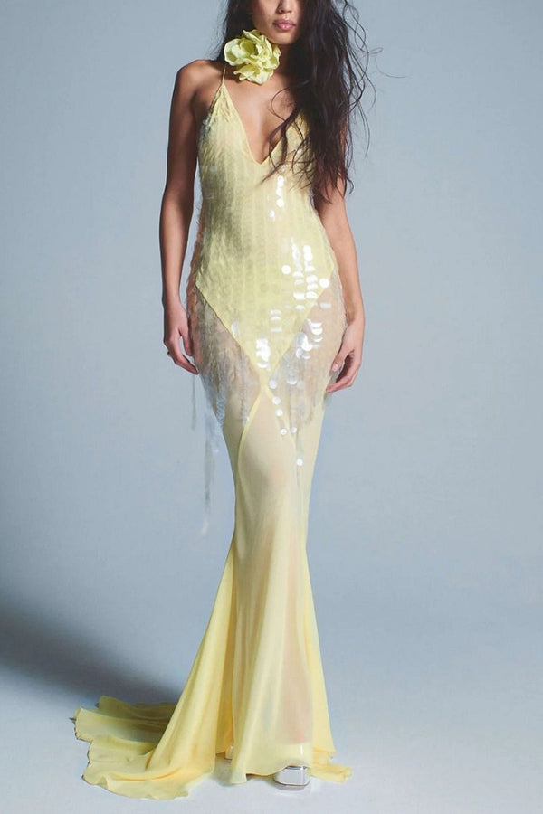 Out-Shine | V-Neck Sequins Fishtail Hem Backless Gowns Slip Maxi Dresses-Yellow