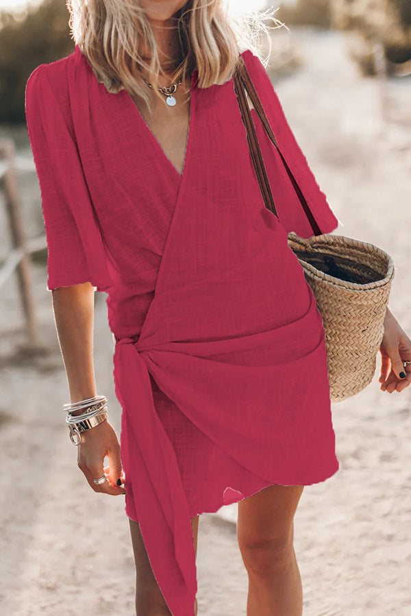 Out-Shine | Stylish Cotton Linen Wrap Mini Dress For Women