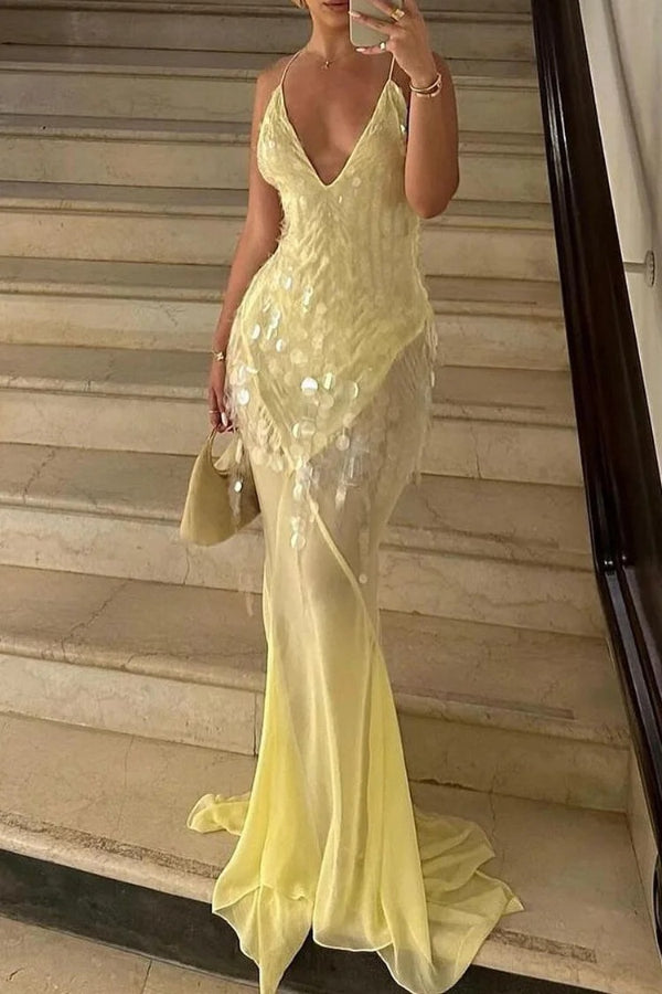 Out-Shine | V-Neck Sequins Fishtail Hem Backless Gowns Slip Maxi Dresses-Yellow