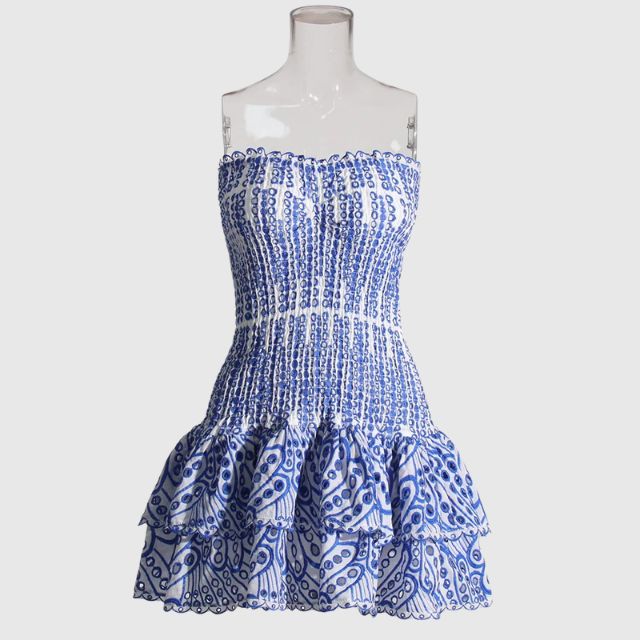 Out-Shine | Gathered Bandeau Mini Dress With Blue Paisley Pattern