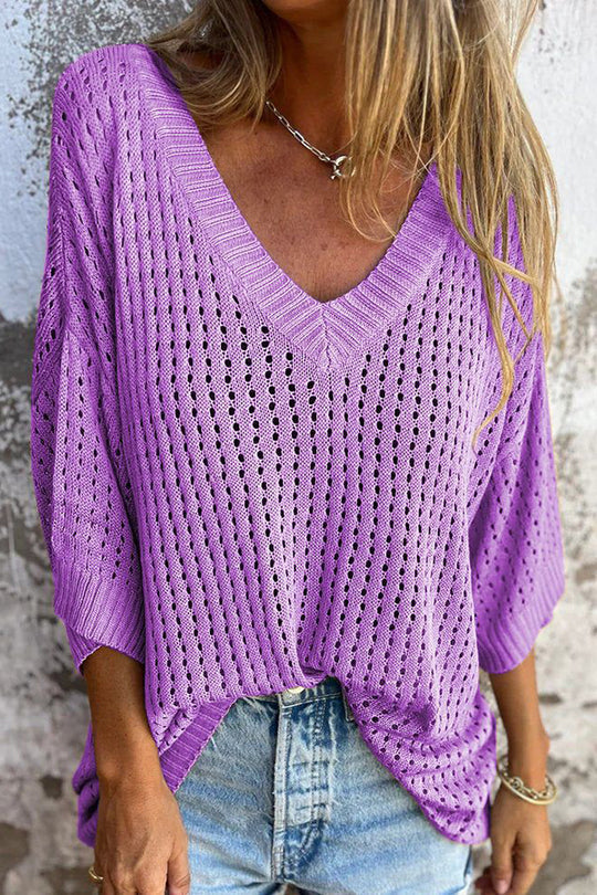 Out-Shine | Hollow V-Neck Long-Sleeved Casual Loose Knitted Top