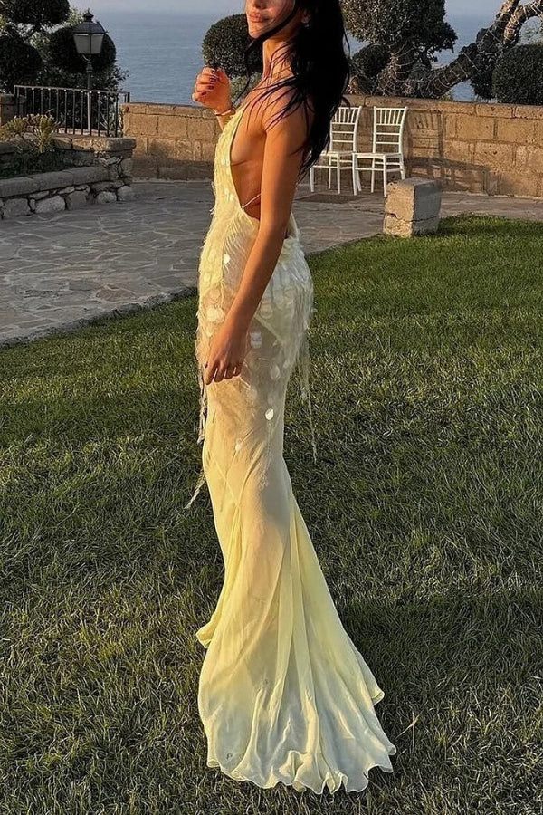 Out-Shine | V-Neck Sequins Fishtail Hem Backless Gowns Slip Maxi Dresses-Yellow