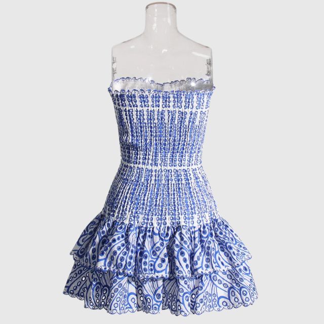 Out-Shine | Gathered Bandeau Mini Dress With Blue Paisley Pattern