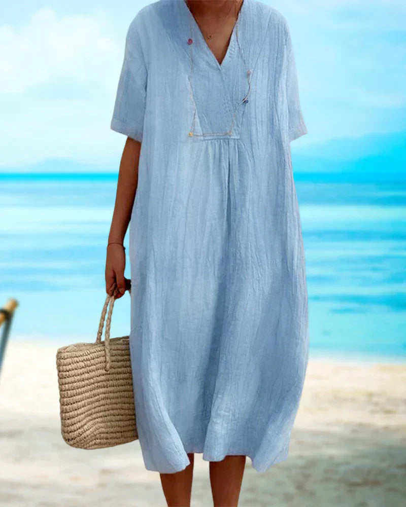 Out-Shine | Solid Color Half Sleeve V-Neck Dress For Women