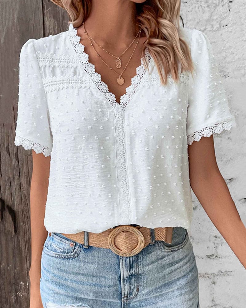 Out-Shine | Women's V Neck Stylish Accent Blouse White