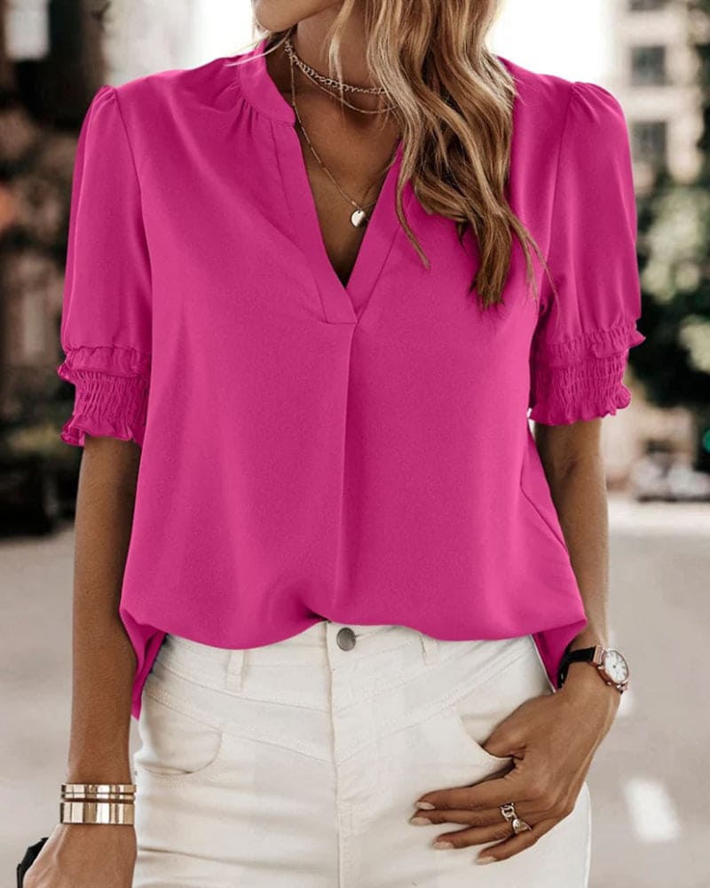 Out-Shine | Casual V-Neck Puff Sleeve Blouse for Women