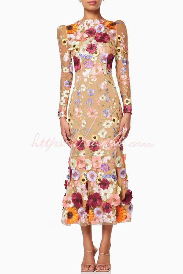 Out-Shine | Refined Charm Embroidered Floral Applique Long Sleeve Fish Tail Midi Dress