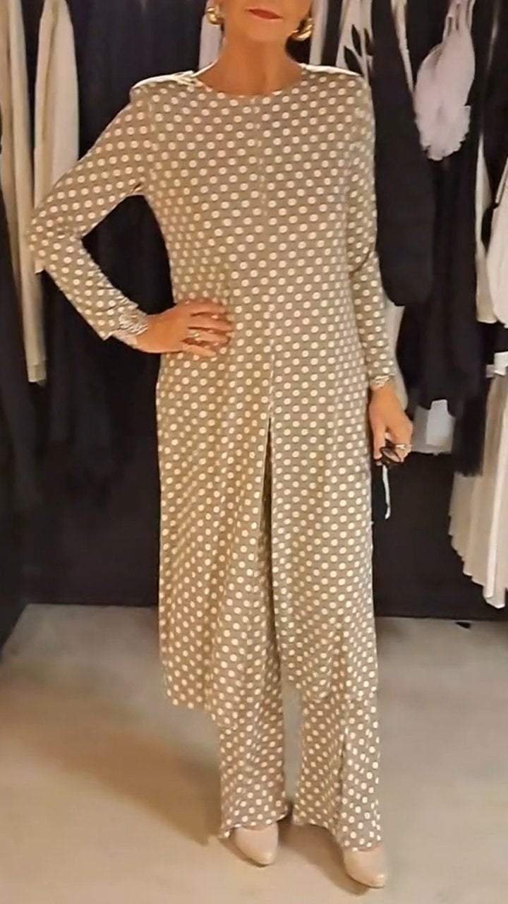 Out-Shine | Women's Round Neck Long Sleeve Polka Dot Print Suit
