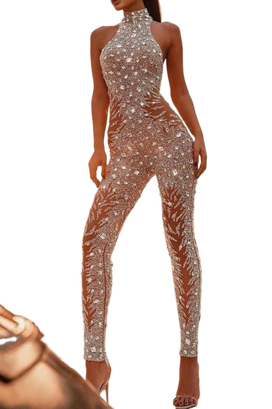 Deslumbra | Mono ajustado con espalda descubierta y escote halter, estilo patchwork sexy - El producto real puede variar