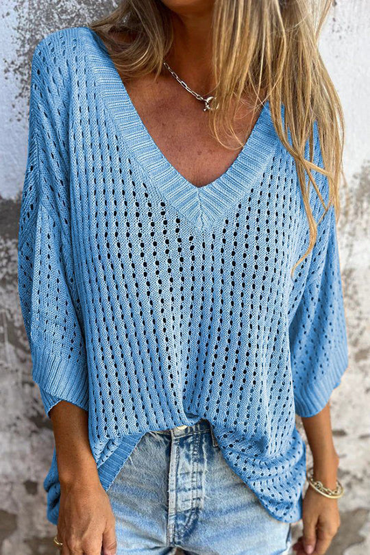 Out-Shine | Hollow V-Neck Long-Sleeved Casual Loose Knitted Top