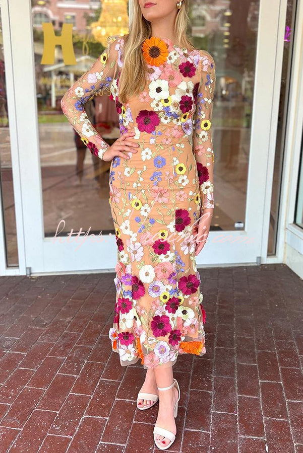 Out-Shine | Refined Charm Embroidered Floral Applique Long Sleeve Fish Tail Midi Dress